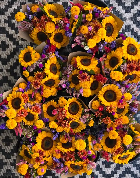 Wrapped autumn subscription bouquets of sunflowers and fall blooms ready for pickup