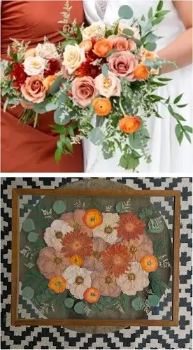 A peach and coral rose bouquet, then pressed and framed in walnut
