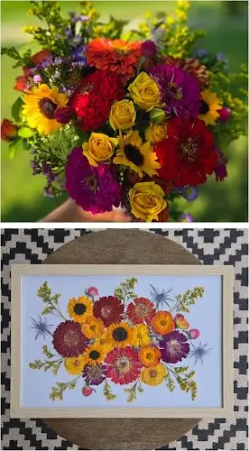 A bright zinnia and sunflower bouquet, then pressed and framed in white