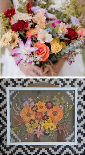 A bright garden bouquet, then pressed and framed in white